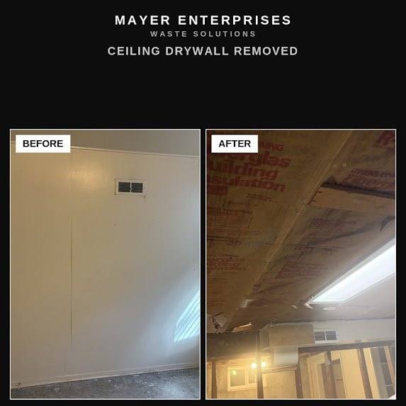 Ceiling drywall removal in Denver before and after, drywall stripped to expose the joists