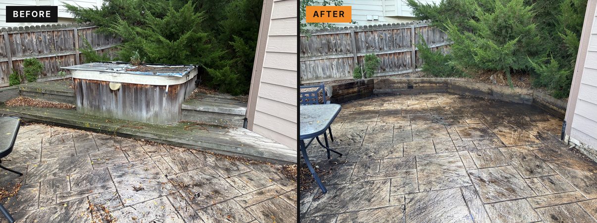 Deck and hot tub demolition in Arvada, Colorado, before and after: deck and spa torn out, patio left clean