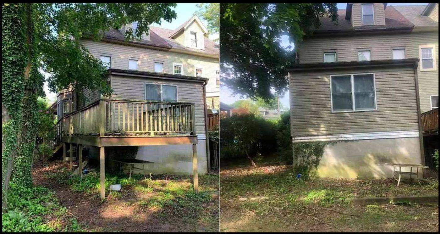 Deck removal in Denver before and after, a weathered raised backyard deck removed down to clean ground