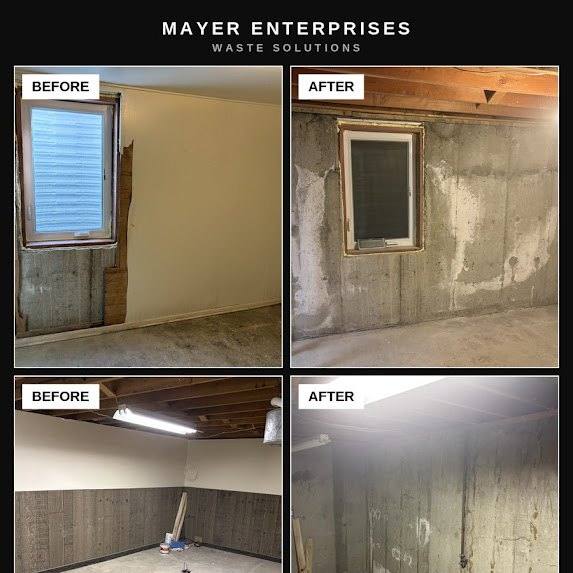 Basement interior demolition in Denver before and after, paneling removed down to bare concrete