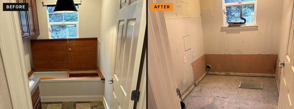 Laundry room before and after gut demolition in Golden